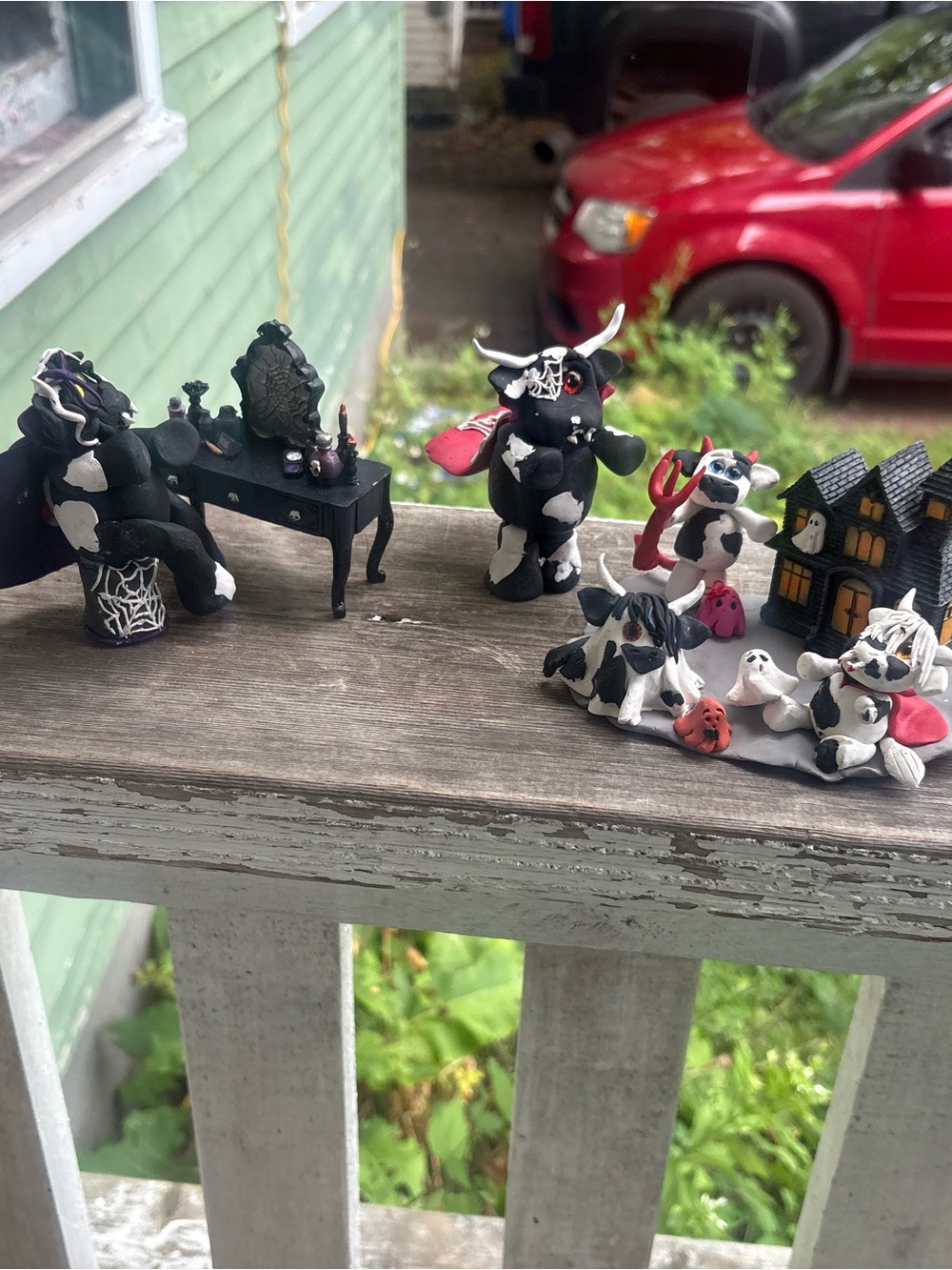 Handcrafted Black and White vampire Cow family set